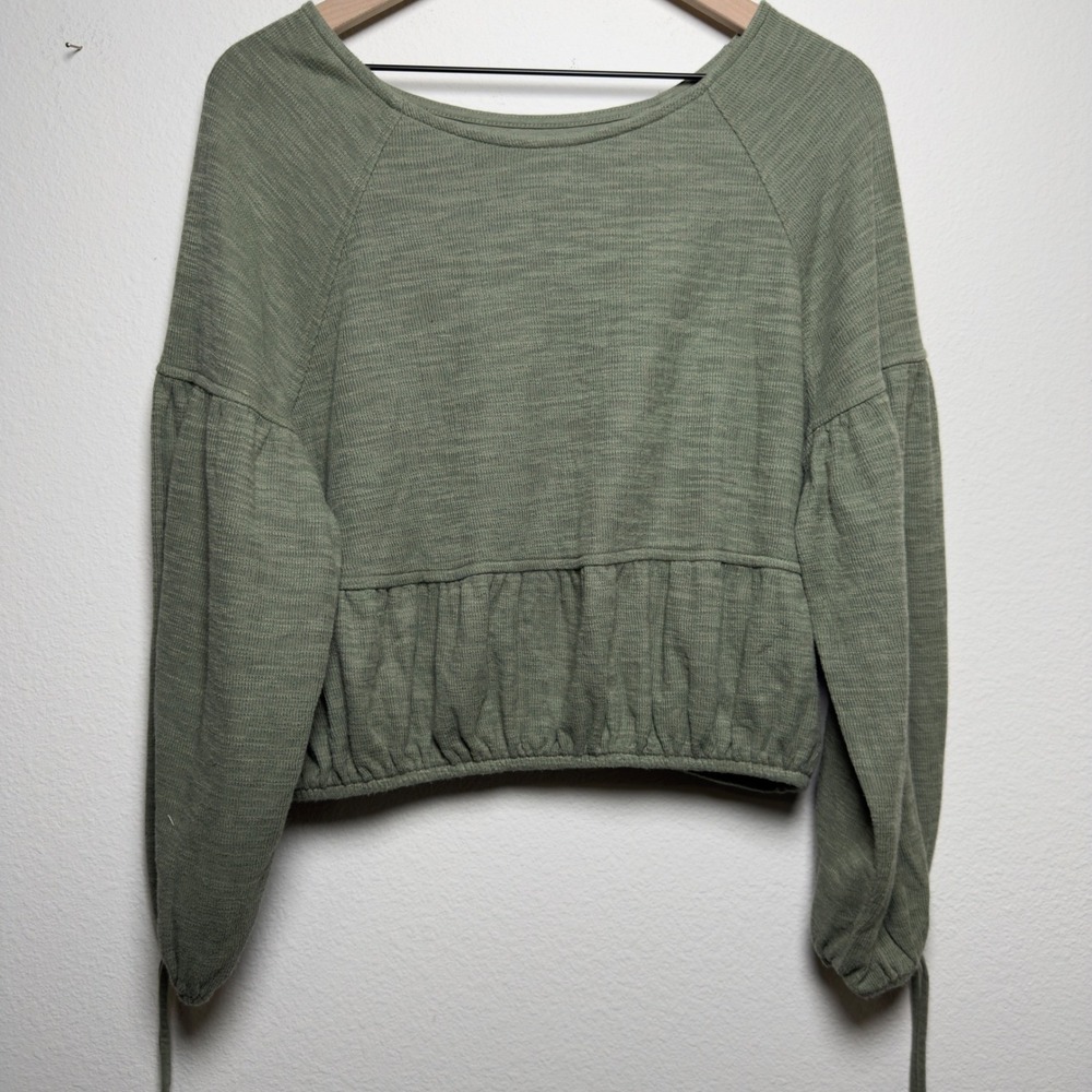 Aerie Women Endless Summer Sweatshirt Top M Green Balloon Sleeve Cropped Lounge